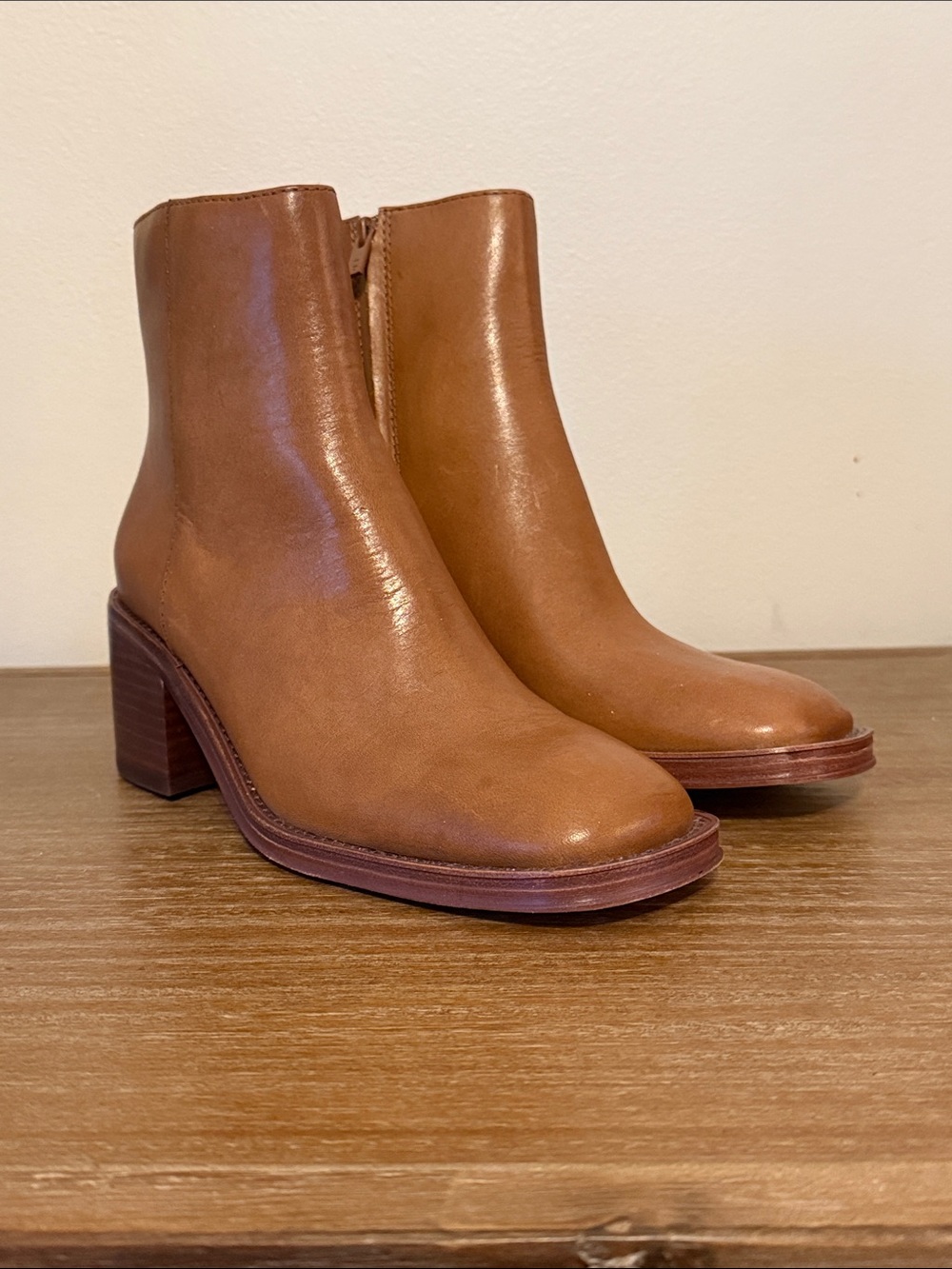 Loeffler Randall Cognac Leather Block Heel Luxury Ankle Boots Sz 6.5